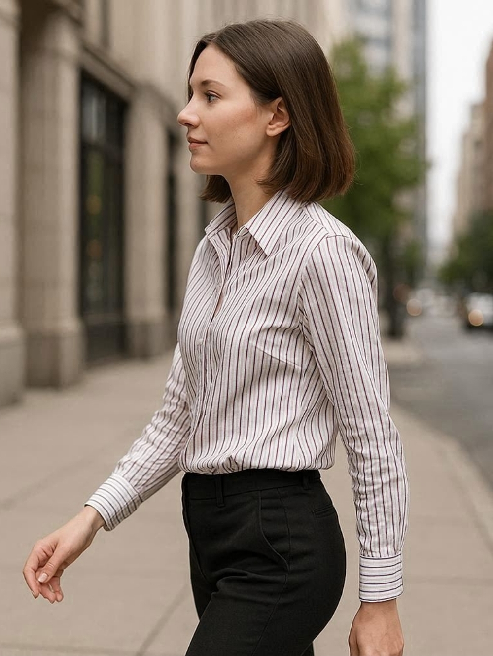 White and Maroon Stripe Button-Down Shirt 100% Cotton NO IRON